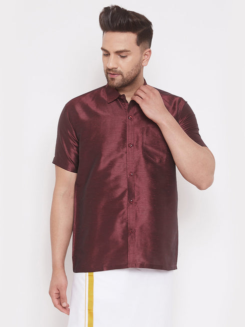 Men's Wine Silk Blend Ethnic Shirt